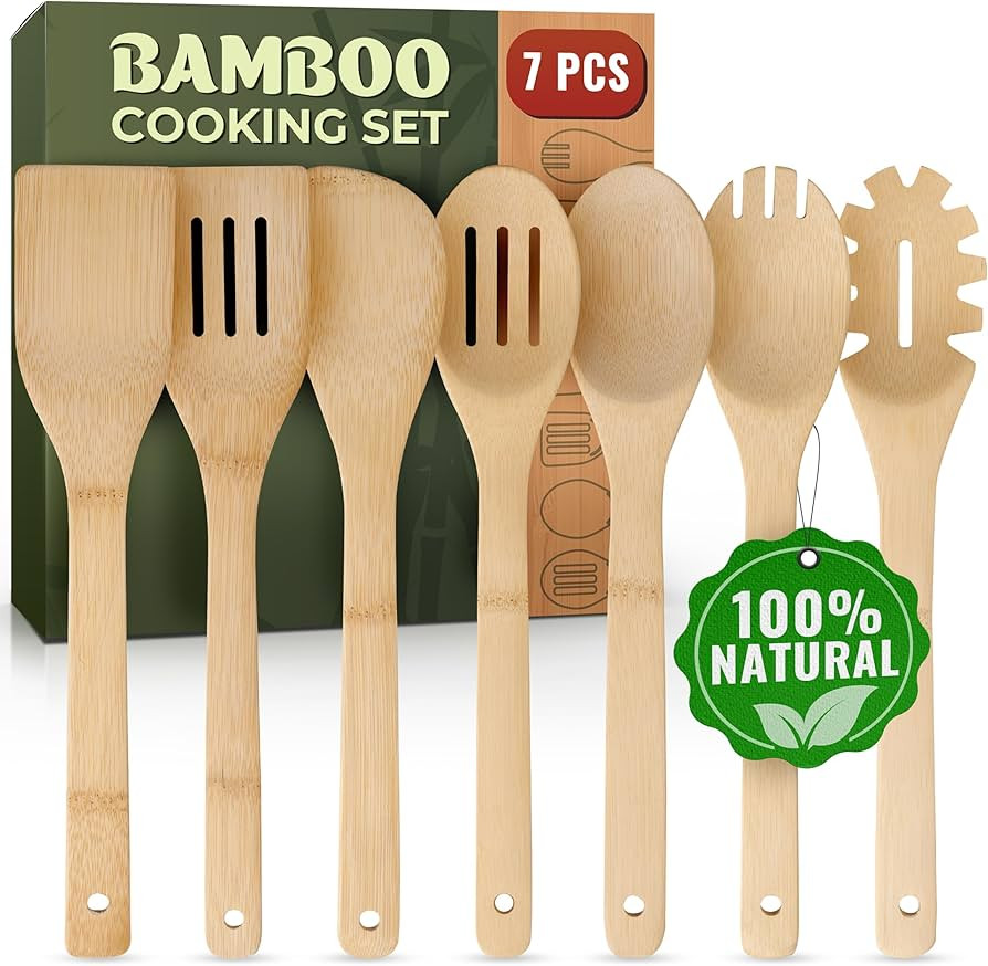 Wooden Utensil Set, Bamboo Utensils – 7 PCs Wood Spoons for Cooking, Easy to Clean, Sturdy, Lig... | Amazon (US)
