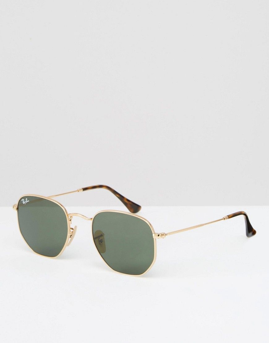 Ray-Ban Hexaganol Flat Lens Round Sunglasses with Gold Frame | ASOS UK