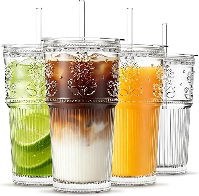 INSETLAN 20 oz Sunflower Glass Cups with Lids and Straws, Set of 4, Elegant Iced Coffee Cups for ... | Amazon (US)