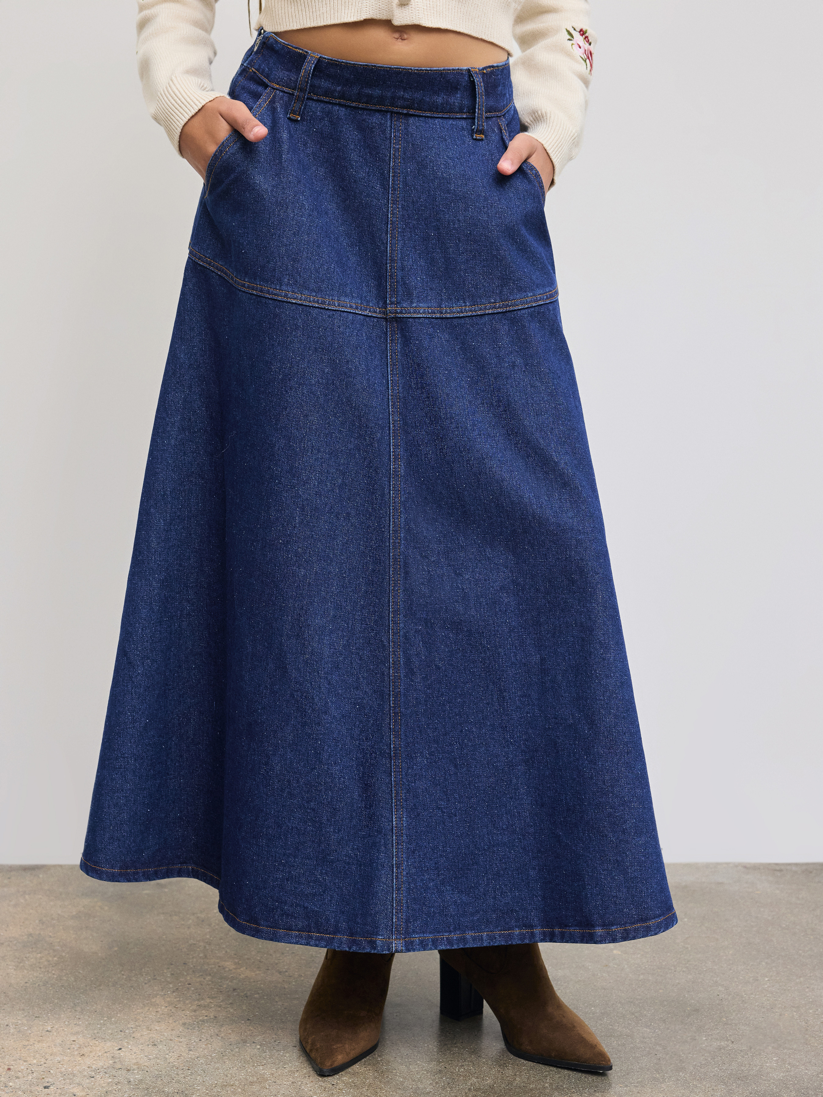 Denim Denim Mid Rise Pocket Ruffle Maxi Skirt For Daily Casual | Cider