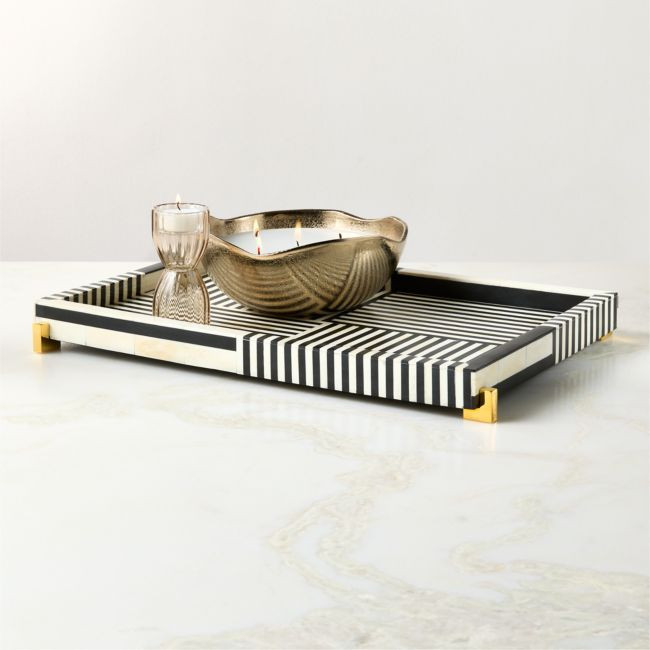 Eadie Black and White Bone Resin Decorative Tray 12""x18 | CB2