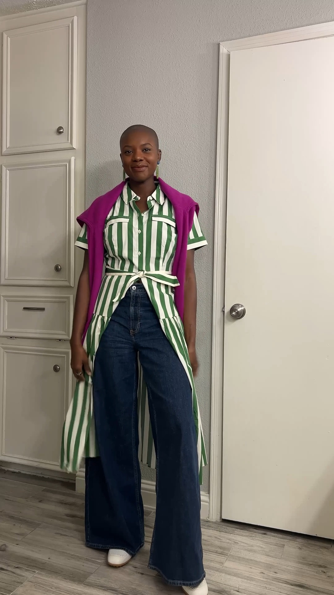 Teacher outfits! Green and white striped dress, dark wide leg jeans, purple crew neck cardigan sweater and white Cole Haan ballet shoes.

#LTKgrwm #LTKdayinmylife #LTKWorkwear