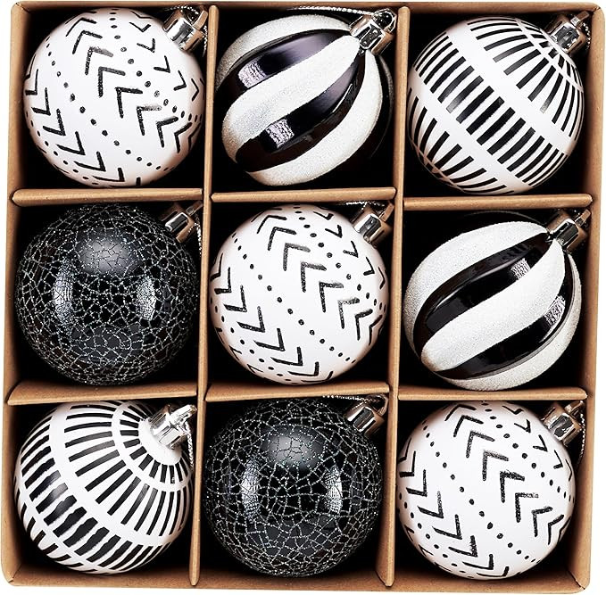 DecorbyHannah Christmas Ornaments, Black White Christmas Tree Decorations, 9ct 60mm Shatterproof ... | Amazon (US)