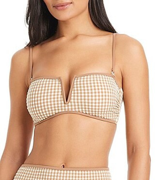 Sanctuary Check Me Out Gingham Straight V-Neck Bandeau Swim Top - S | Dillard's