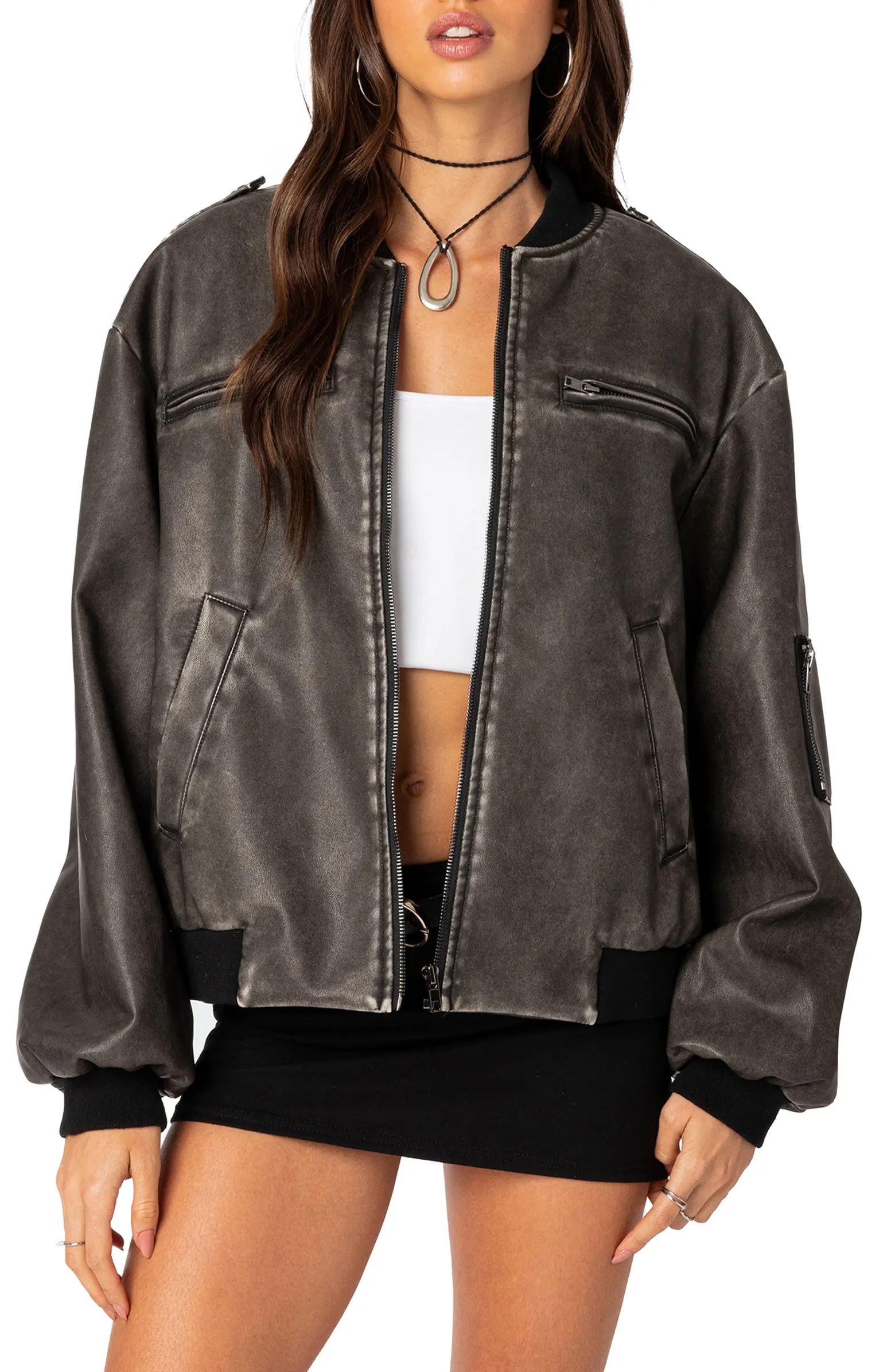 EDIKTED Vava Washed Faux Leather Bomber Jacket | Nordstrom | Nordstrom