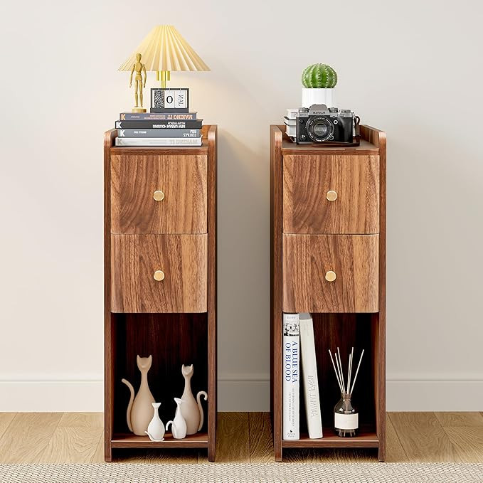 Narrow Nightstand Set of 2, Wooden Small 2 Drawer Nightstand, Slim Side End Table, Skinny Bedside... | Amazon (US)