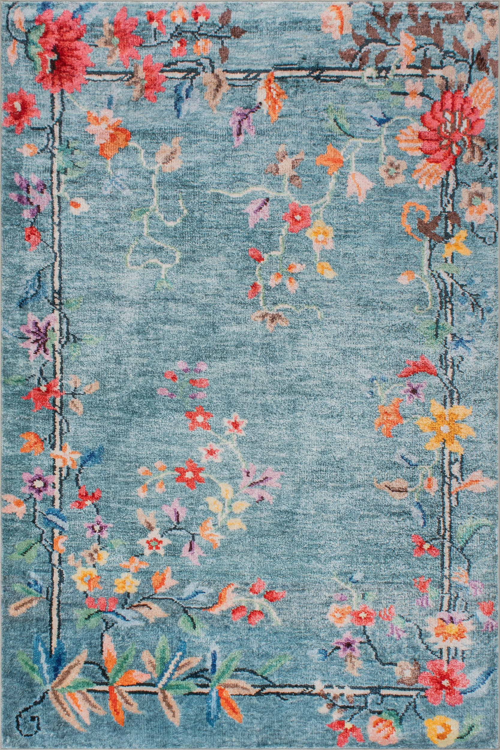 Blue Azara Traditional Floral Washable 8' 6"" x 11' 6"" rug | Rugs USA