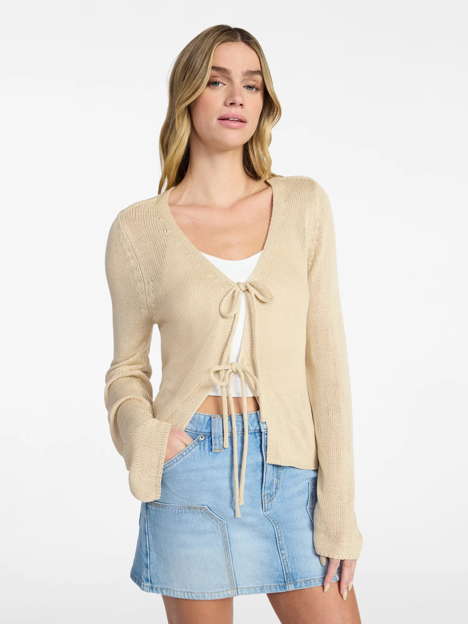 No Boundaries Tie Front V-Neck Cardigan with Bell Sleeves, Women's XXS-XXL | Walmart (US)