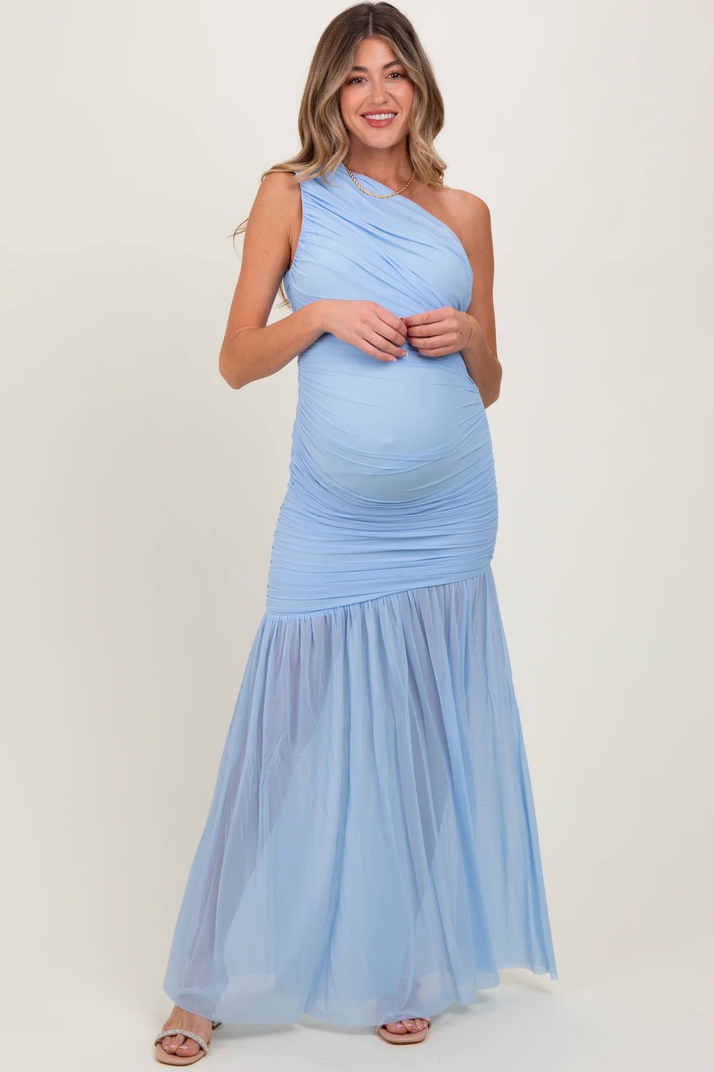 Light Blue Ruched Mesh One Shoulder Maternity Maxi Dress | PinkBlush Maternity