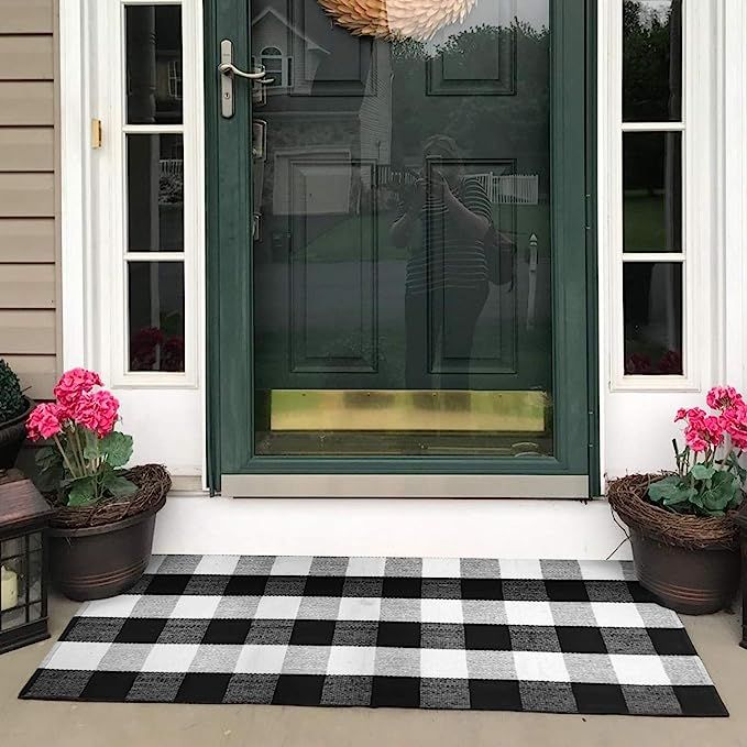 USTIDE Buffalo Plaid Outdoor Rug Black and White Porch Rugs 100% Cotton Hand-Woven Checked Doorma... | Amazon (US)