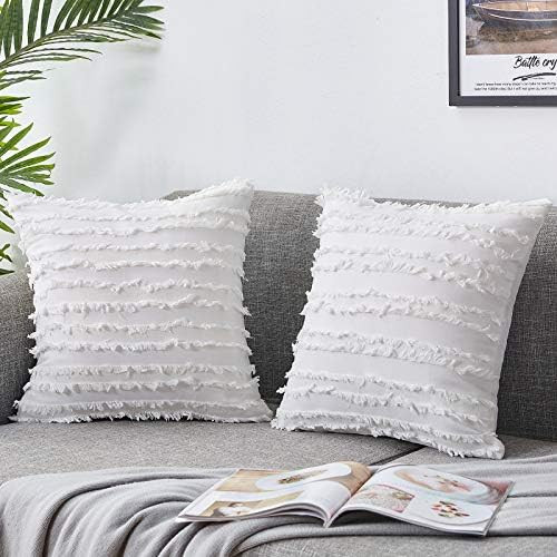 Bedwin 18 x 18 Ivory White Throw Pillow Covers Set of 2, Boho Striped Linen Decorative Pillow Cushio | Amazon (US)