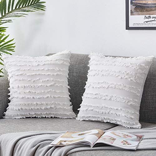 Bedwin 18 x 18 Ivory White Throw Pillow Covers Set of 2, Boho Striped Linen Decorative Pillow Cushio | Amazon (US)