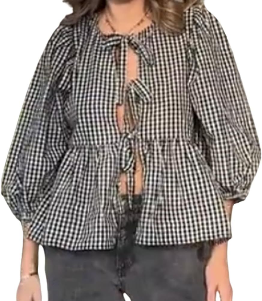 Tie Front Tops for Women Leopard Print Peplum Babydoll Top 3/4 Length Puff Sleeve Coquette Tops C... | Amazon (US)