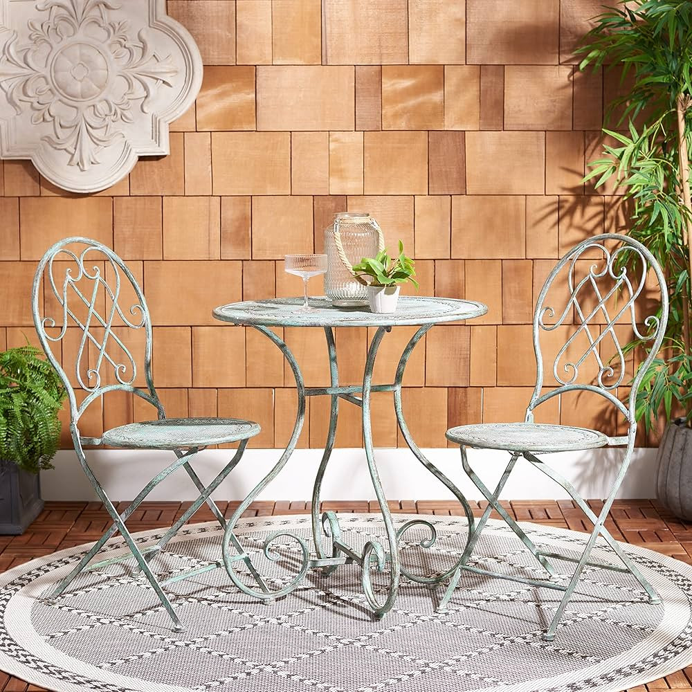 SAFAVIEH Outdoor Collection Adriel Victorian Antique Dark Green Wrought Iron 3-Piece Bistro Set | Amazon (US)