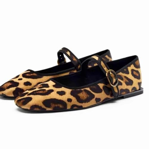 ATBELL Women's Leopard Print Mary Jane Flats Square Toe Suede Ballet Flats for Women Buckle Strap Comfortable Fall Ballerina Shoes, Leopard, 5 UK | Amazon (UK)