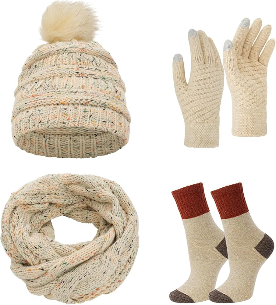 4pcs Winter Beanie Hat Scarf Touch Screen Gloves Warm Knit Socks Set for Women Knit Hat with Faux... | Amazon (US)