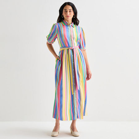St. John's Bay Womens Belted Elbow Sleeve Midi Striped Shirt Dress, Medium, Multiple Colors | JCPenney