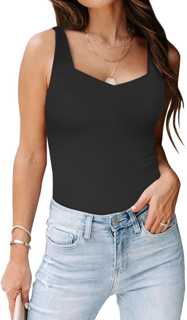 PINKMSTYLE Womens Sleeveless Double Lined Square V Neck Tank Bodysuit Sexy Thong Shapewear | Amazon (US)