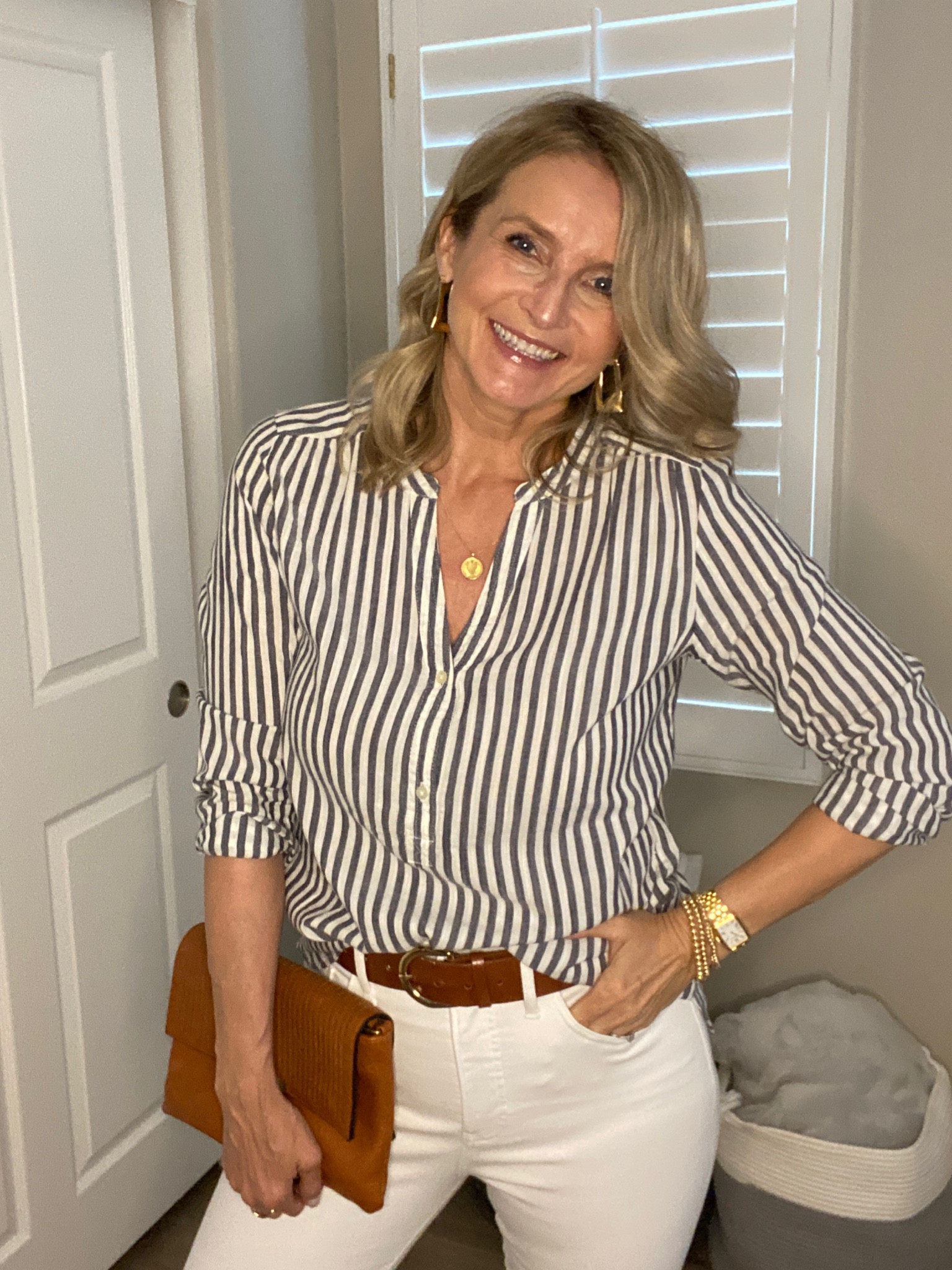 Consider this to be your new uniform! Perfect for running errands, office, lunch with girlfriends, or travel. I styled this pair of white jeans with a striped blouse, and then completed the look with gold jewelry and tan accessories. I’m linking a very affordable options. 

***These are my absolute favorite white, high rise jeans from @express. (For reference, see my previous post. I’m wearing size 6 and I am 5’9.)

All and more are linked below ⬇️ Just scroll to “Shop my Pic” and make sure to hit “Follow” to get my curated styling pics. 😘

#LTKtravelstyle #LTKvacationstyle #LTKwhitejeans #LTKstripedblouse #LTKofficelook #LTKover40style #LTKover50style #LTKmidlifestyle #LTKstylingtip #LTKsummerstyle #LTKover40fashiin #LTKover50fashion #LTKvacationoutfit #LTKsummeroutfit #LTKsandals

Follow my shop @LetsTalkFortiesAndBeyond on the @shop.LTK app to shop this post and get my exclusive app-only content!

#liketkit 
@shop.ltk
https://liketk.it/49cwG

#LTKSeasonal #LTKshoecrush #LTKunder50 #LTKFind #LTKstyletip