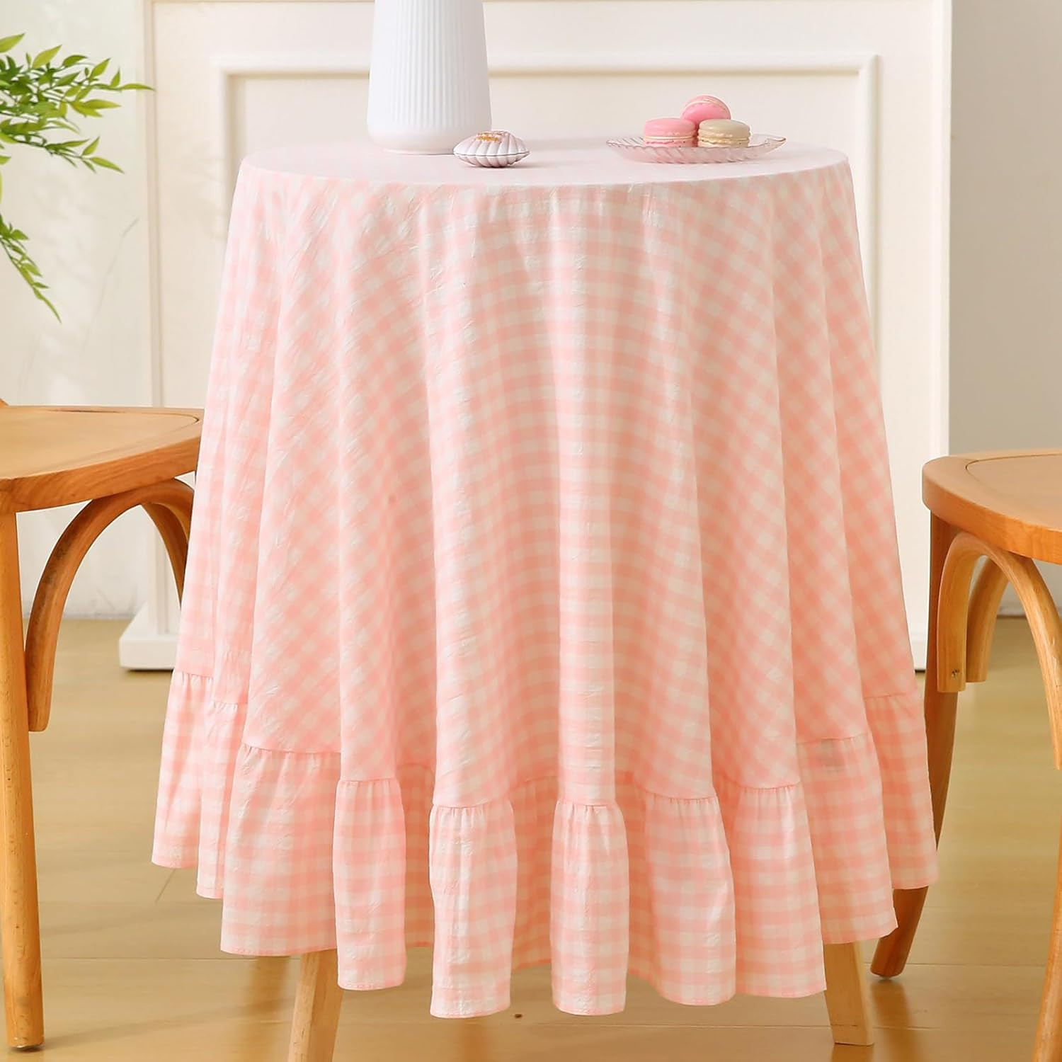 Blush White Plaid Gingham Ruffled Table Cloth for Round End Table Nightstand, 100% Washed Cotton ... | Amazon (US)