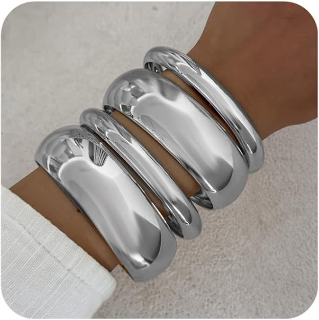 Chunky Gold Bangle Bracelets for Women Stack Trendy Silver Wide Wrist Statement Cuff Bracelet Arm... | Amazon (US)