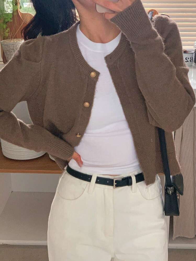 DAZY Women's Solid Color Button Front Puff Sleeve Fitted Short Cardigan, | SHEIN