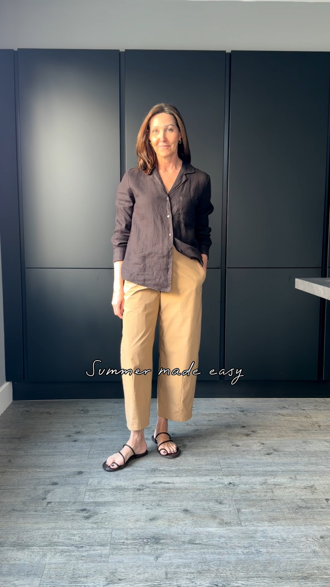 You loved these trousers in the beige so I thought I’d show this rich tan version too. Perfect for warming up neutrals and the lightest, cotton fabric with a stretch to make them extra comfy. I’m wearing a M for a relaxed fit. This shirt is a great addition of texture and more warm tones. I’m in a M