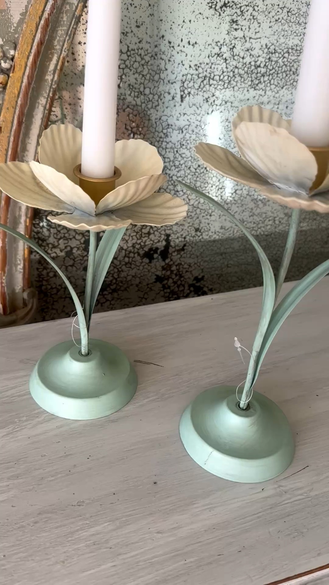 Vintage Tulip Taper Candlestick Holders Set of 2 

My green and white tulip candlestick holders came and they are soooo cute! 
some easy assembly required and I would say a metal material!