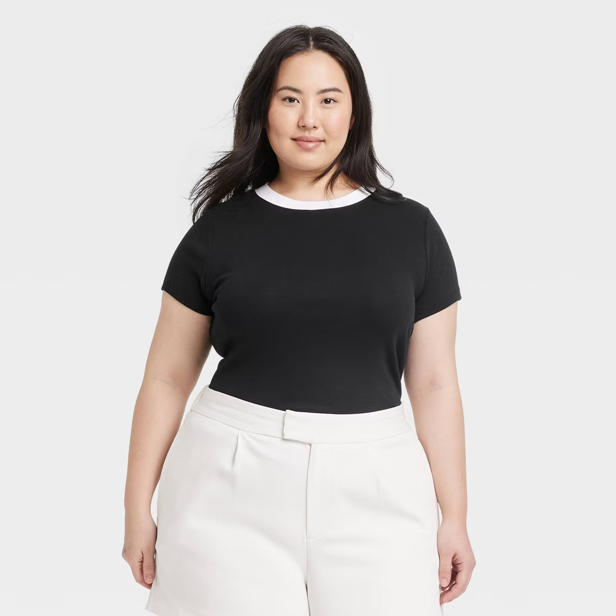 Women's Slim Fit Short Sleeve Ribbed T-Shirt - A New Day™ Black/White M: Cotton Modal Blend, Cr... | Target