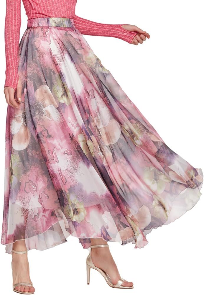 CHARTOU Women's Elegant Summer Full Length Boho Floral Print Pleated Chiffon Long Maxi Skirt Dres... | Amazon (US)