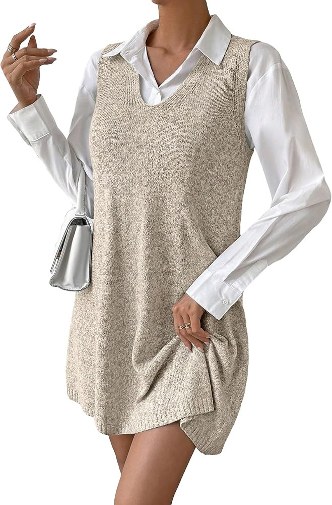 SHENHE Women's Casual Loose Fit V Neck Sweater Overall Dress Long Knit Vest Jumper Dress | Amazon (US)