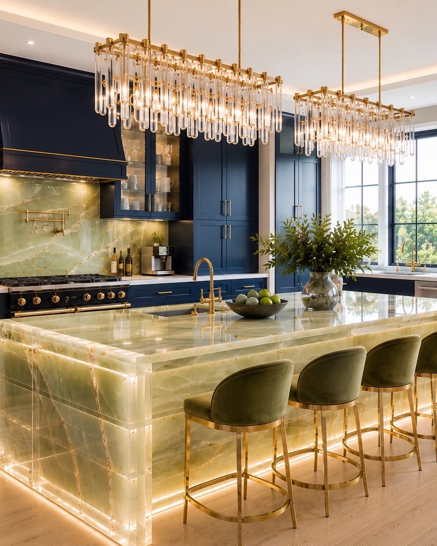 House of Hampton Crystal Tiered Chandelier Gold

A kitchen designed to feel bold, luminous, and unforgettable.  

The illuminated green marble island instantly transforms the entire room while the oversized crystal chandeliers create warmth and architectural drama overhead. Deep navy cabinetry layered with brushed gold hardware brings richness and sophistication into every corner of the space.  

From the glowing stone surfaces to the sculptural velvet stools and designer appliances, every detail was curated to create a luxury kitchen atmosphere that feels elevated yet livable.  

This is the kind of kitchen that becomes the centerpiece of the home.  

Shop the complete luxury kitchen through my LTK:  
https://www.shopltk.com/explore/The_Elegant_Curator?tab=posts

#LTKHome #LTKvlog
