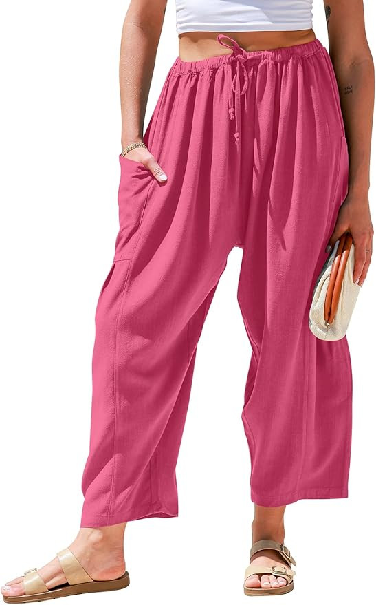 TARSE Womens Linen Wide Leg Pants Casual Loose Drawstring Summer Beach Travel Vacation Palazzo Ha... | Amazon (US)