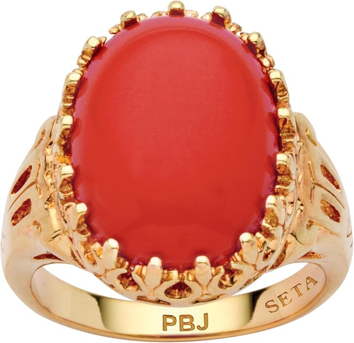 PalmBeach Yellow Gold-Plated Oval Shaped Simulated Orange Coral Cabochon Filigree Cocktail Ring S... | Amazon (US)