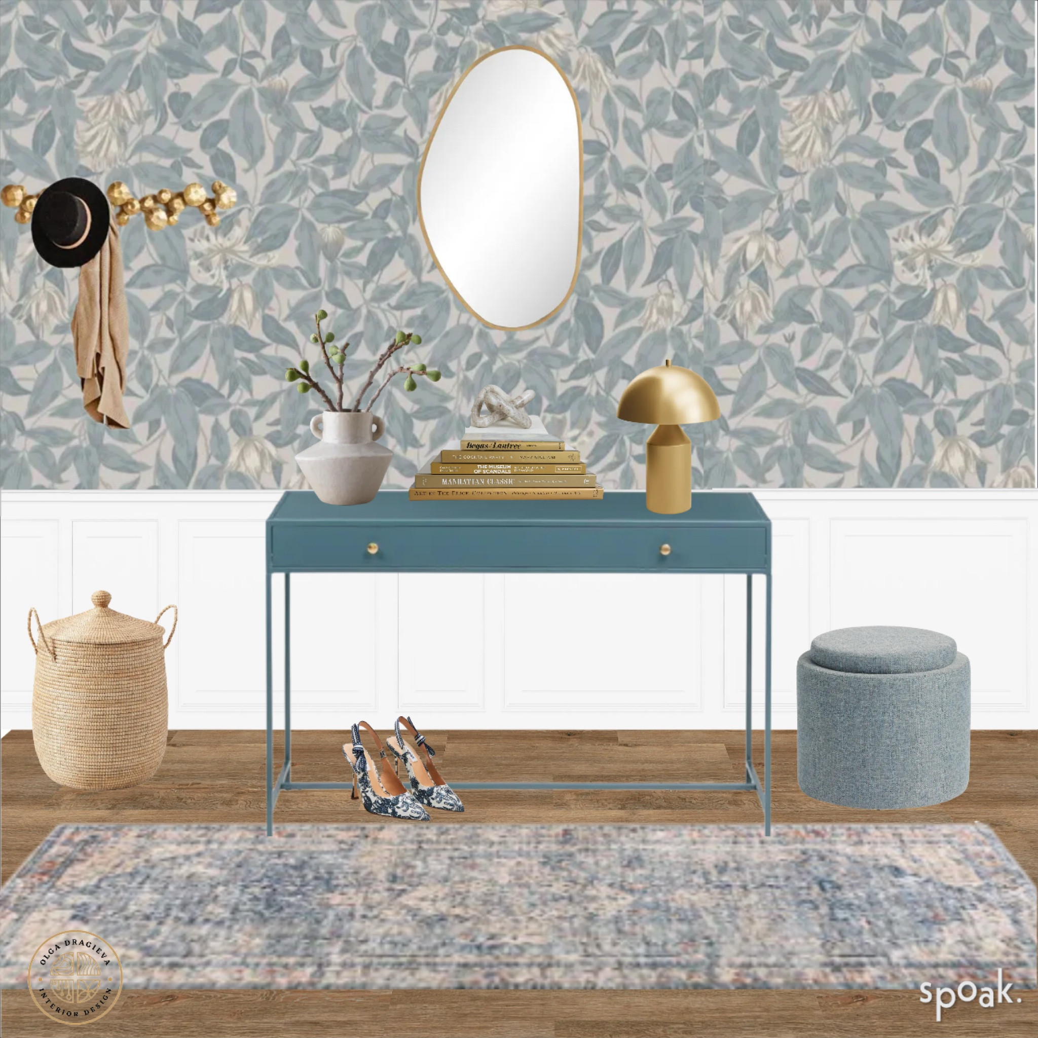 Beautiful Spring entryway, flower wallpaper, blue metal console table, blue storage pouf, storage basket, vintage-style rug, gold mirror, white sculptural vase, gorgeous gold coat hook. 

#LTKStyleTip #LTKSeasonal #LTKHome