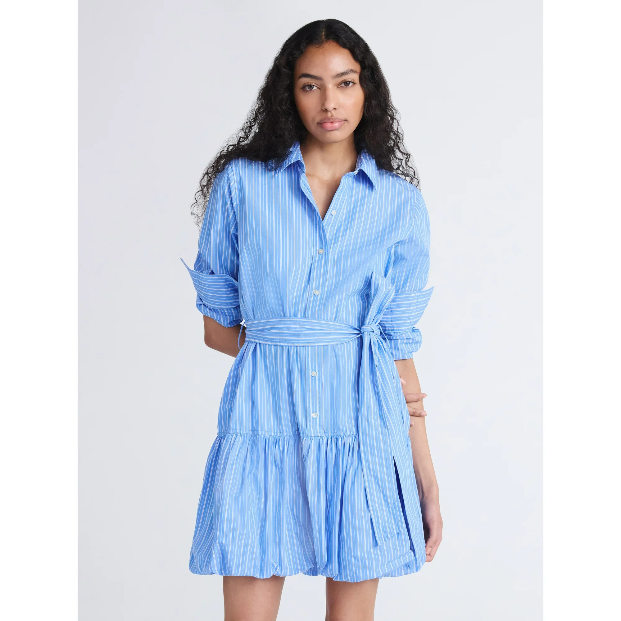 Free Assembly Women's Belted Bubble Hem Cotton Mini Dress with Long Sleeves, Sizes XS-XXL | Walmart (US)