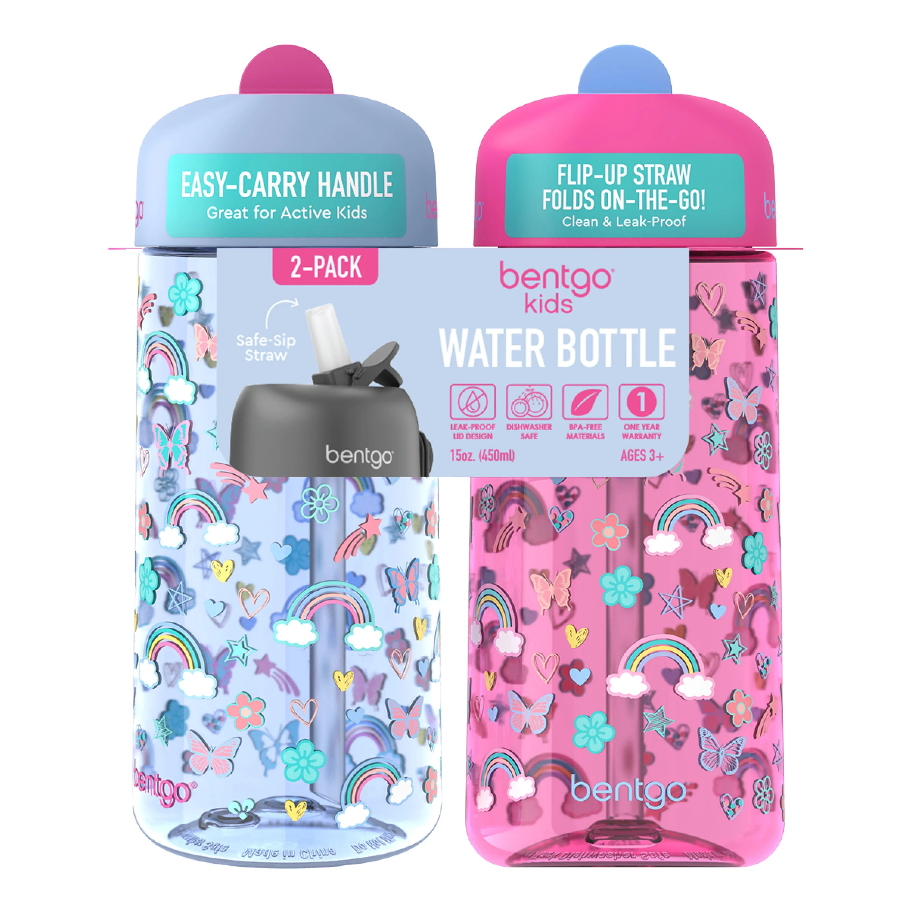 Bentgo Kids Water Bottle 2-Pack, Tritan Plastic Leak-Proof BPA-Free 15 oz Cups for Toddlers & Chi... | Walmart (US)