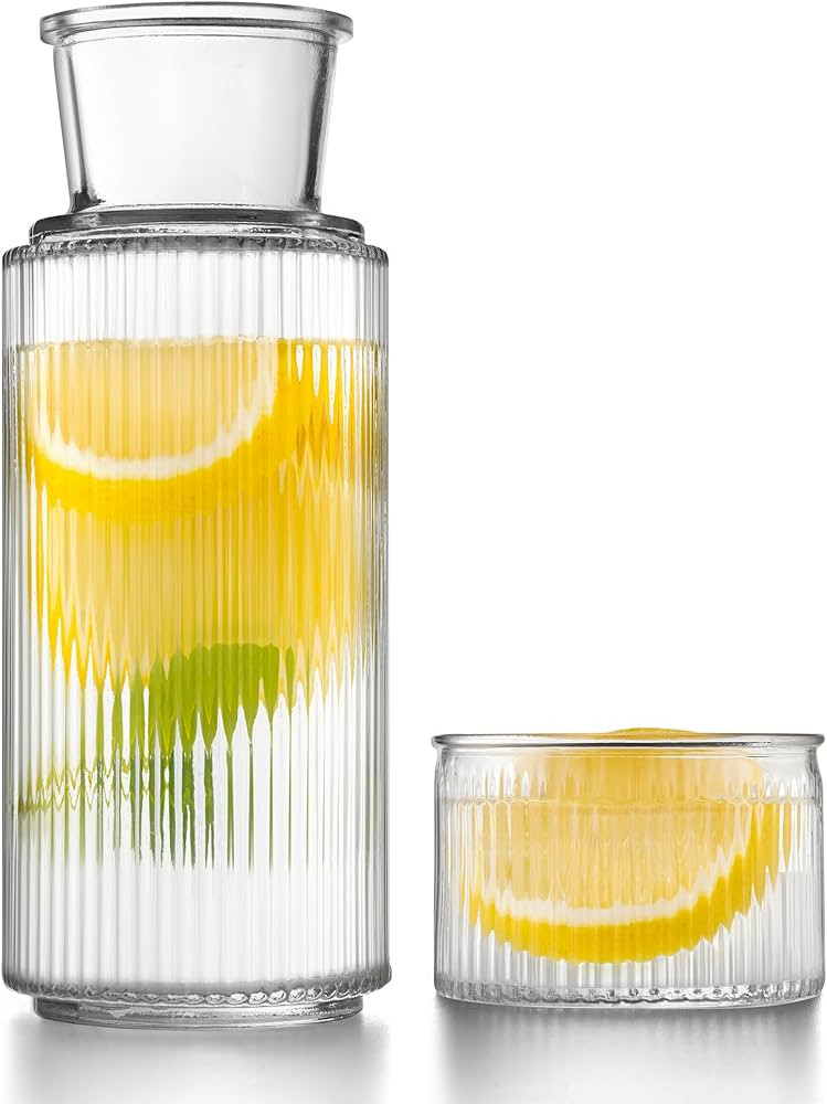 DmmyAlzx Bedside Water Carafe and Glass Set, Classic Vertical-Striped 27oz Glass Carafe with 7.1o... | Amazon (US)