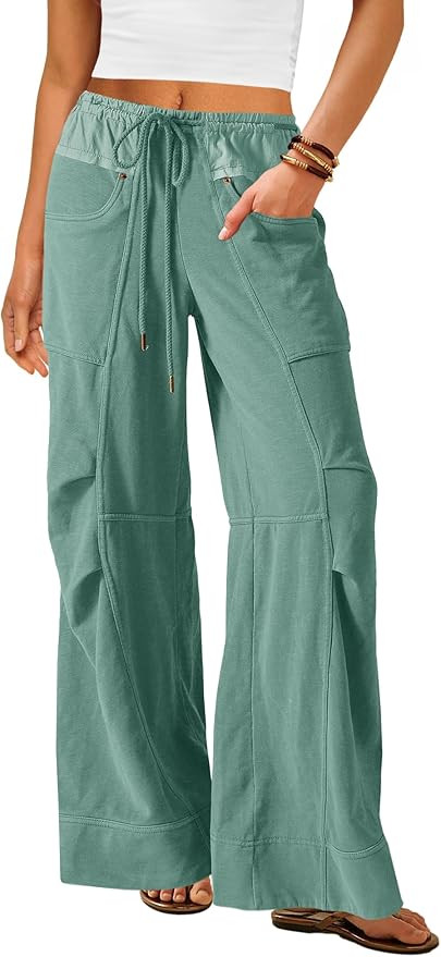 Nirovien Womens Baggy Pants High Waisted Wide Leg Sweatpants Drawstring Pleated Lounge Pants with... | Amazon (US)