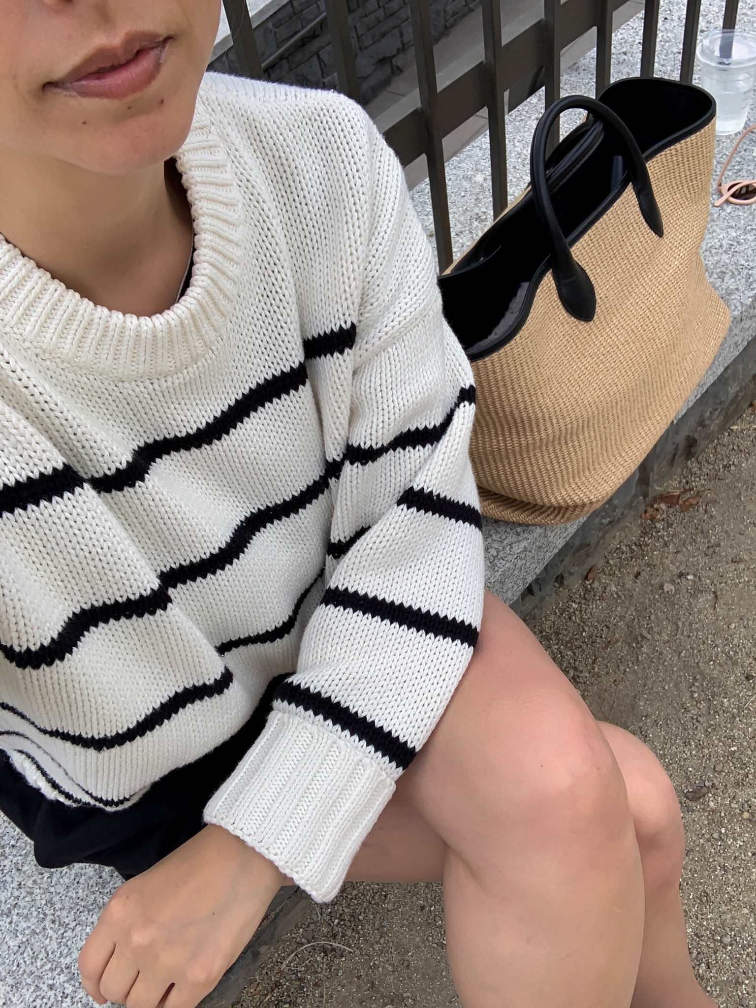 Jenni Kayne Chloe striped sweater. Runs cropped and wide. Could wear the xxs but I have the xs. 

Sweater - Jenni Kayne xs
Shorts - Free People 0
Sandals - Aquatalia 35
Tote - Khaite
Sunglasses - YSL