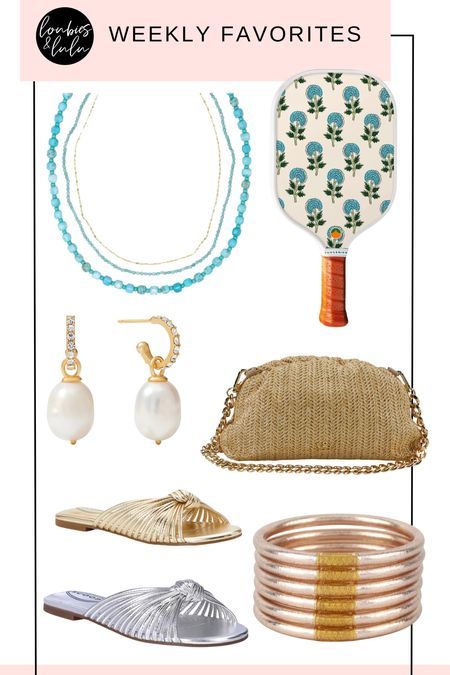 This weeks faves- Last minute Mother’s Day gifts!💐 pickleball paddle, raffia handbag, Julie Vos pearl earrings, Budha girl all weather bangle bracelets, Allie + Bess turquoise and gold necklace stack, and metallic knot sandals! 