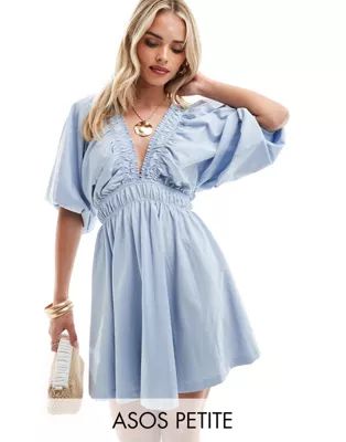 ASOS DESIGN Petite plunge elastic tea mini dress with ruched waist in baby blue | ASOS | ASOS (Global)