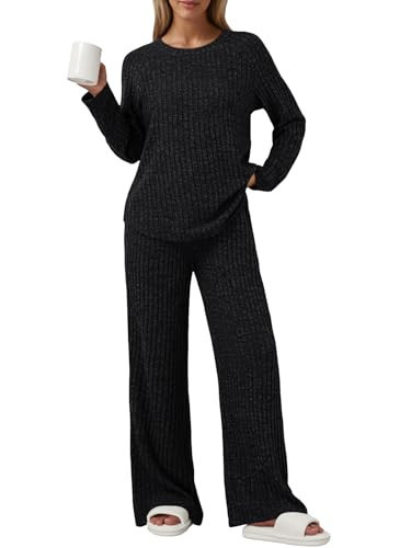 LILLUSORY 2 Piece Lounge Sets for Women Matching Casual Pajamas Fall Fashion 2025 Outfits Long Sleeve Ribbed Knit Sweatsuits Black M | Amazon (US)