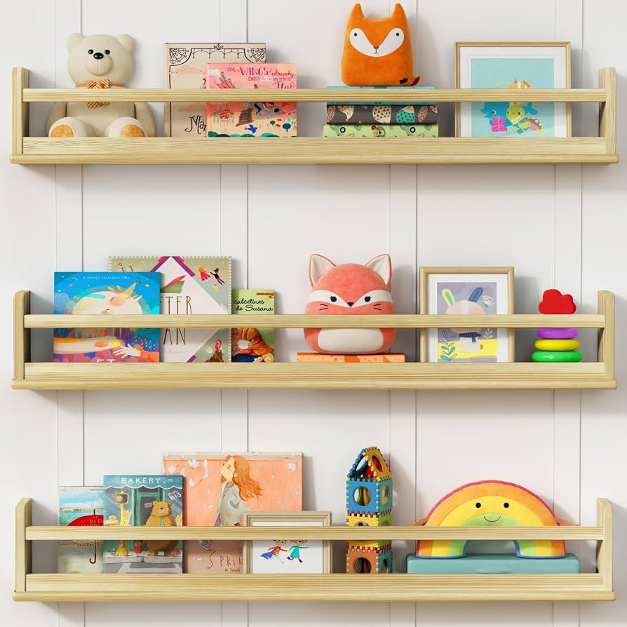 Harwaya Wooden Wall Bookshelf for Kids Room, Large Nursery Floating Shelves for Kids Bedroom, Nat... | Amazon (US)