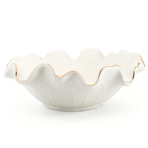 Handcrafted 8" White Ceramic Ruffle Bowl with Gold Trim – Modern Lotus Design, Small Shallow De... | Amazon (US)