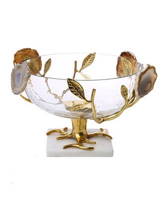 Classic Touch Glass Bowl with Leaf and Agate Stone Design - Macy's | Macy's
