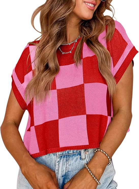 Saodimallsu Womens Cap Sleeve Crop Tops Summer Color Block Going Out Crew Neck Knit Trendy Casual... | Amazon (US)