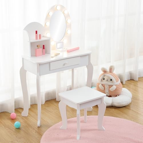 Garvee Kids Vanity Set with Touch Lighted Mirror, Pretend Play Girls Vanity Table and Chair Set with Mirror, Stool, and Wood Makeup Playset, White | Amazon (US)