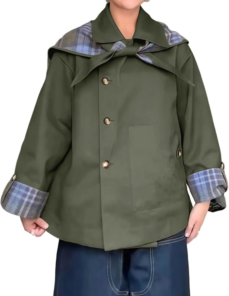 CHARTOU Women's Short Trench Coats Fall Notch Collar Plaid Reversible Oversized Jacket with Pocke... | Amazon (US)