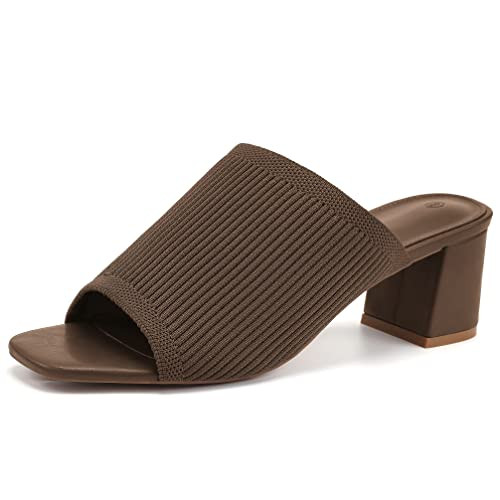 Rilista Womens Open Toe Heeled Mules Block Heels Sandals Knit Chunky Heels Slip On Breathable Slides Sandal Brown | Amazon (US)
